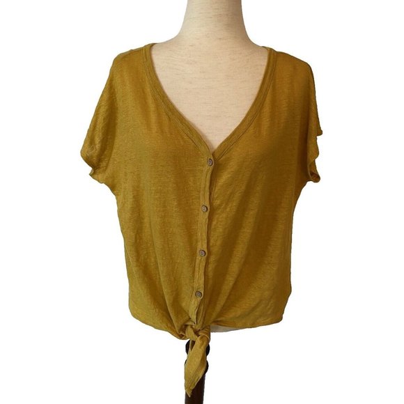 Rachel Zoe Tops - Rachel Zoe 100% Linen Blouse Top Button Down Tie Short Sleeve Yellow Sz XL